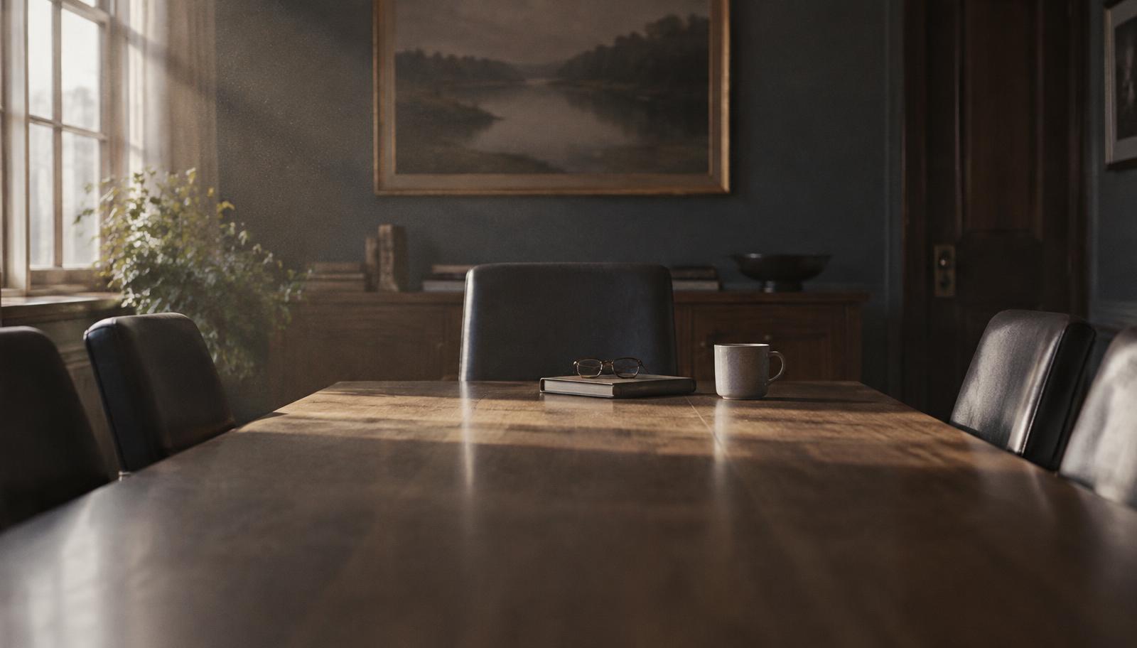 A quiet boardroom with a notebook and reading glasses resting on the table