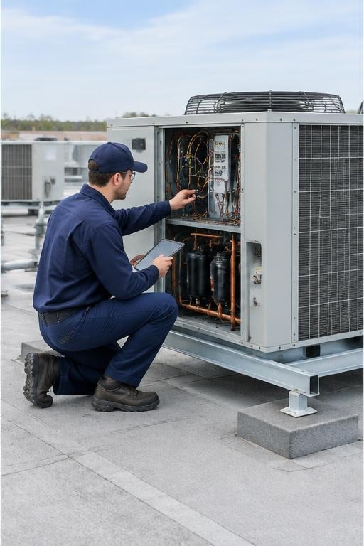 Illustrative HVAC service technician inspecting commercial equipment